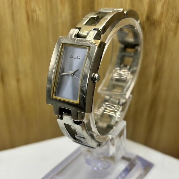 Guess Tank Watch Women Silver tone Blue Dial Rectangle - Picture 1 of 7
